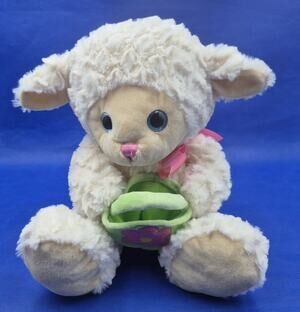 Adorable HugFun Soft Plush Lamb Pink Bow Green Basket w/Flower 14"